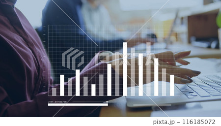 Image of data processing over caucasian businesswoman using laptop in office 116185072