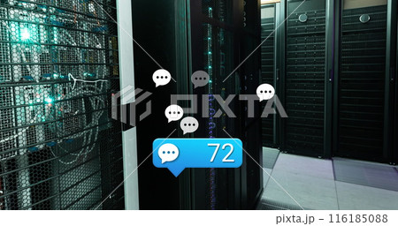 Image of message icons with increasing numbers against computer server room Image of message icons with increasing numbers against computer server room 116185088