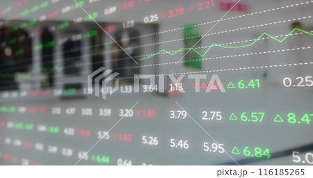 Image of financial data processing over office 116185265