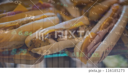 Image of financial data processing over sandwiches 116185273