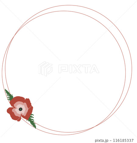 Round red frame with a simple silhouette of a red poppy. Hand-drawn, isolated on a white background Round red frame with a simple silhouette of a red poppy. Hand-drawn, isolated on a white background 116185337