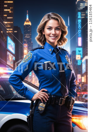 Policewoman smiling at night with cityscape and police car 116185464