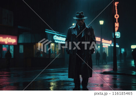 Lonely detective walking on rainy city street at night 116185465