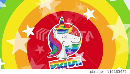 Image of stars, pride lgbtq text and unicorn over rainbow background Image of stars, pride lgbtq text and unicorn over rainbow background 116185473