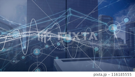 Image of graphs over connected icons and modern buildings against cloudy sky Image of graphs over connected icons and modern buildings against cloudy sky 116185555