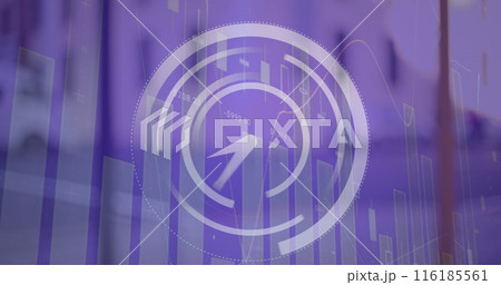Image of ticking clock icon and statistical data processing against view of city traffic Image of ticking clock icon and statistical data processing against view of city traffic 116185561