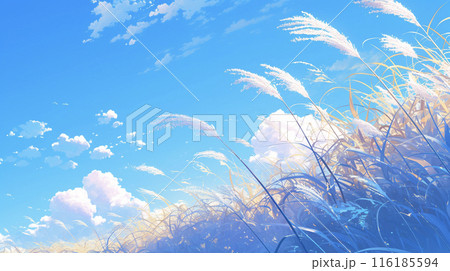 青空に映えるススキ　AI画像 116185594