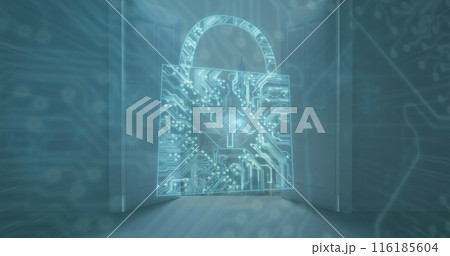 Image of microprocessor connections forming padlock icon against view of cityscape from a window Image of microprocessor connections forming padlock icon against view of cityscape from a window 116185604