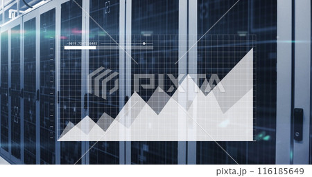 Image of graphs with loading bars and changing numbers against server room Image of graphs with loading bars and changing numbers against server room 116185649