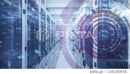 Image of arc reactor spinning over digital data racks in server room 116185658