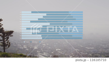 Image of bar graphs over aerial view of modern cityscape against sky Image of bar graphs over aerial view of modern cityscape against sky 116185710