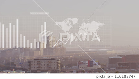 Image of graphs, map and loading bars over modern city against sky Image of graphs, map and loading bars over modern city against sky 116185747