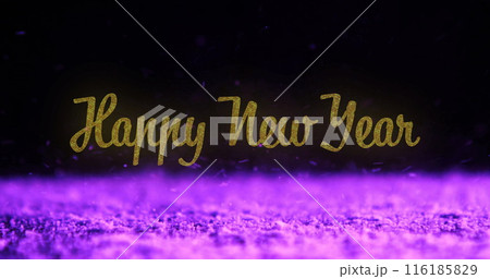 Golden Happy New Year text glowing against purple background 116185829