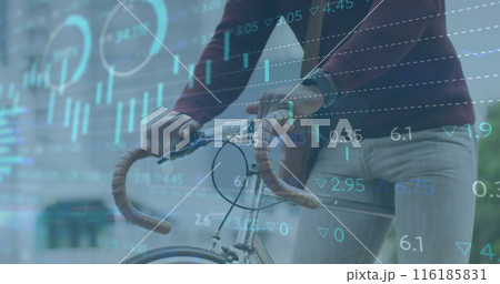 Middle-aged African American man bikes with stock market data overlay 116185831