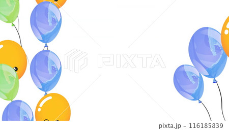 Orange and blue balloons, reflecting Earth, floating in sky 116185839