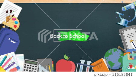 School supplies are resting on desk, featuring books, a globe, and a calculator 116185841