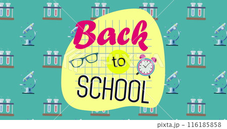 In school-themed graphic, colorful text reads Back to School surrounded by icons 116185858