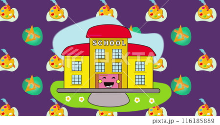 A cartoon-style school building, surrounded by apples and butterflies, smiling A cartoon-style school building, surrounded by apples and butterflies, smiling 116185889