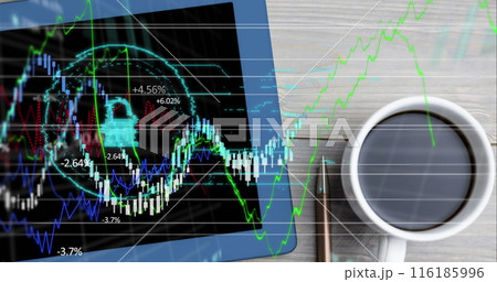 Computer screen showing stock market graphs on blue background 116185996
