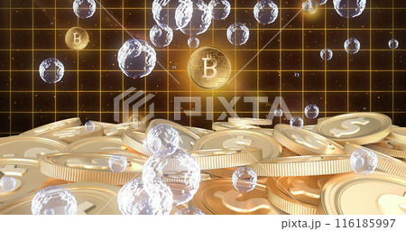 Golden coins showing dollar and Bitcoin symbols floating in space Golden coins showing dollar and Bitcoin symbols floating in space 116185997