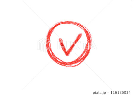 A red pencil sketch of a check mark symbol isolated on a white background. 116186034