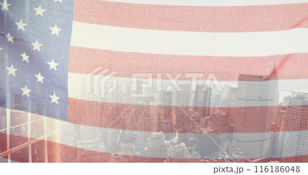 American flag overlaying city skyline, showing deep patriotism 116186048