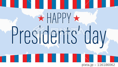 Happy Presidents' Day text with map and stars on striped background Happy Presidents' Day text with map and stars on striped background 116186062