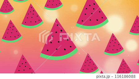 Watermelon slices with seeds are floating on vibrant pink and orange background 116186088