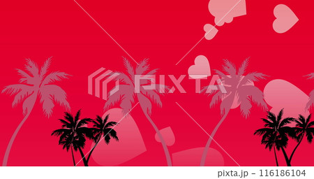 Palm trees and heart shapes dominating red background Palm trees and heart shapes dominating red background 116186104