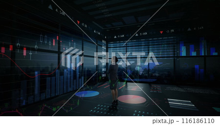 Caucasian chef wearing dark suit is analyzing data on multiple screens Caucasian chef wearing dark suit is analyzing data on multiple screens 116186110