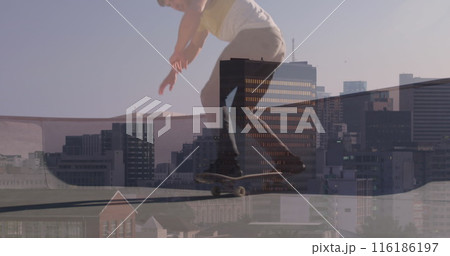 Caucasian male athlete/trainer wearing casual clothes is skateboarding Caucasian male athlete/trainer wearing casual clothes is skateboarding 116186197