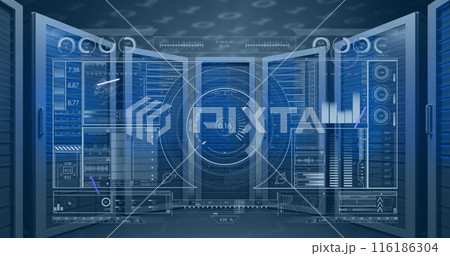 Blue digital interface displaying various graphs and numerical data dominates view 116186304