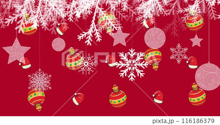Snowflakes and colorful ornaments adorn a vibrant red background 116186379