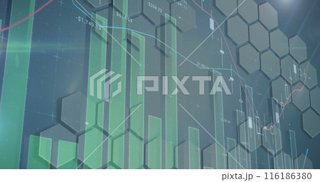 Financial data displaying on hexagonal background, showing rising and falling trends 116186380
