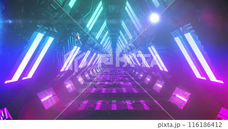 Bright purple and blue lights are illuminating futuristic corridor 116186412