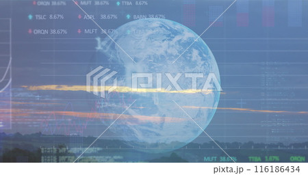Transparent globe overlaying financial data displays, showing stock percentages 116186434