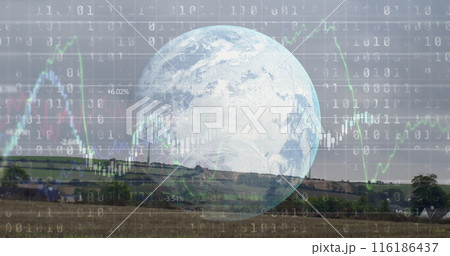 Giant Earth hologram floating above rural landscape, displaying stock market data 116186437