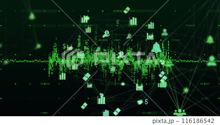 Numerous digital icons representing financial data are floating over green graph 116186542