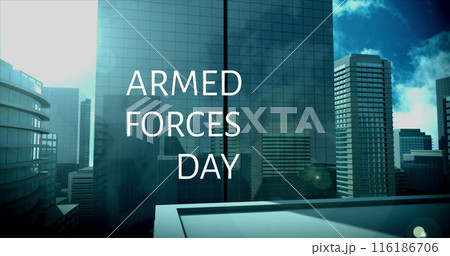 ARMED FORCES DAY overlays cityscape under blue sky ARMED FORCES DAY overlays cityscape under blue sky 116186706