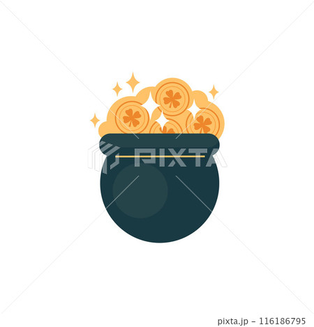 Pot of golden coin with clover leaf, Leprechaun treasure, fairy wealth, game money, vector St. Patricks day lucky symbol Pot of golden coin with clover leaf, Leprechaun treasure, fairy wealth, game money, vector St. Patricks day lucky symbol 116186795