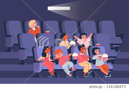 Vector illustration of children with popcorn and drinks in the movie theater. 116186873