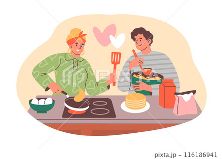 Mother and son cooking pancakes in vector scene. Flat isolated sticker. 116186941