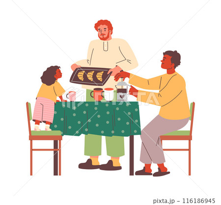 Family breakfast scene. Flat cartoon style on isolated background. Family breakfast scene. Flat cartoon style on isolated background. 116186945