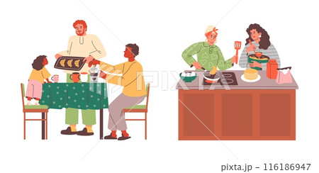 Illustrations of morning family breakfast on isolated background. 116186947