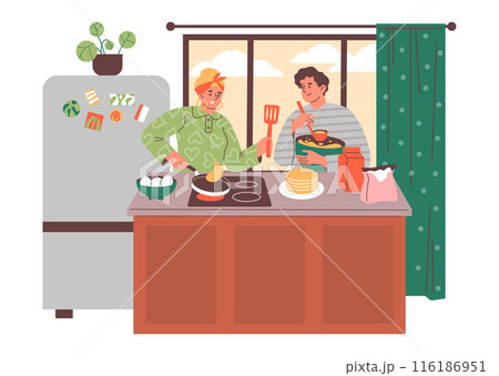 Vector of family cooking pancakes together. Flat style. 116186951