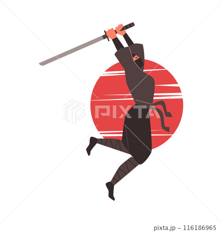 Ninja man warrior with sword jumping attack vector, Japanese fighter, ninjutsu martial art training practice on red sun Ninja man warrior with sword jumping attack vector, Japanese fighter, ninjutsu martial art training practice on red sun 116186965