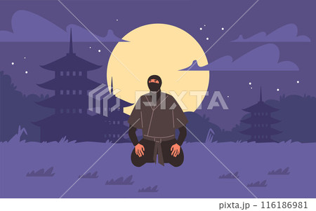 A ninja in traditional clothing kneels under the moonlit sky. A ninja in traditional clothing kneels under the moonlit sky. 116186981