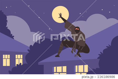 Ninja man warrior sat down pose on the roof of a house at night moonlight vector, Japanese fighter, ninjutsu martial art 116186986