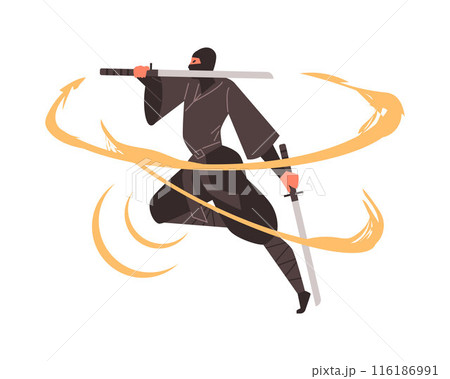Dynamic ninja fighting vector image. Traditional warrior movement. 116186991
