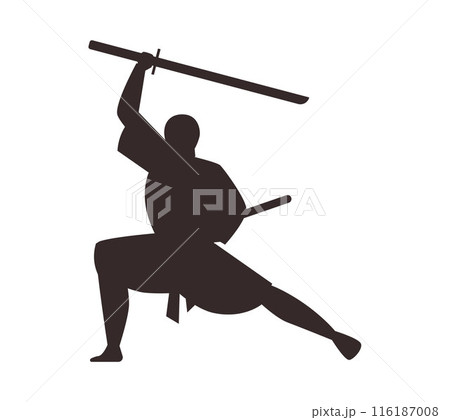 Ninja fighting position, vector black silhouette. isolated background. 116187008